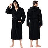 Luxury Ultra Soft Mens Robe with Hood Plush Fleece Long Bathrobe | Calf Length Coverage Relaxed Fit Adjustable Belt Large Pockets Ideal for Home Spa Hotel and Gifting