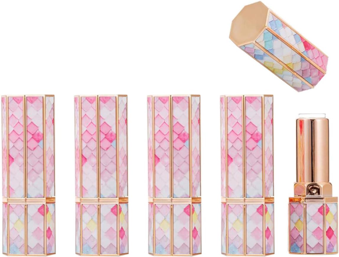 YARUMI 5 Pieces 12.1mm Mermaid Multifaceted Refillable Lip Tube, Handmade Lipstick Empty Container with Cap, 4g Plastic Lipstick Tubes, DIY Lip Balm Lipgloss Holder Container, Pink Lip Balm Pipe