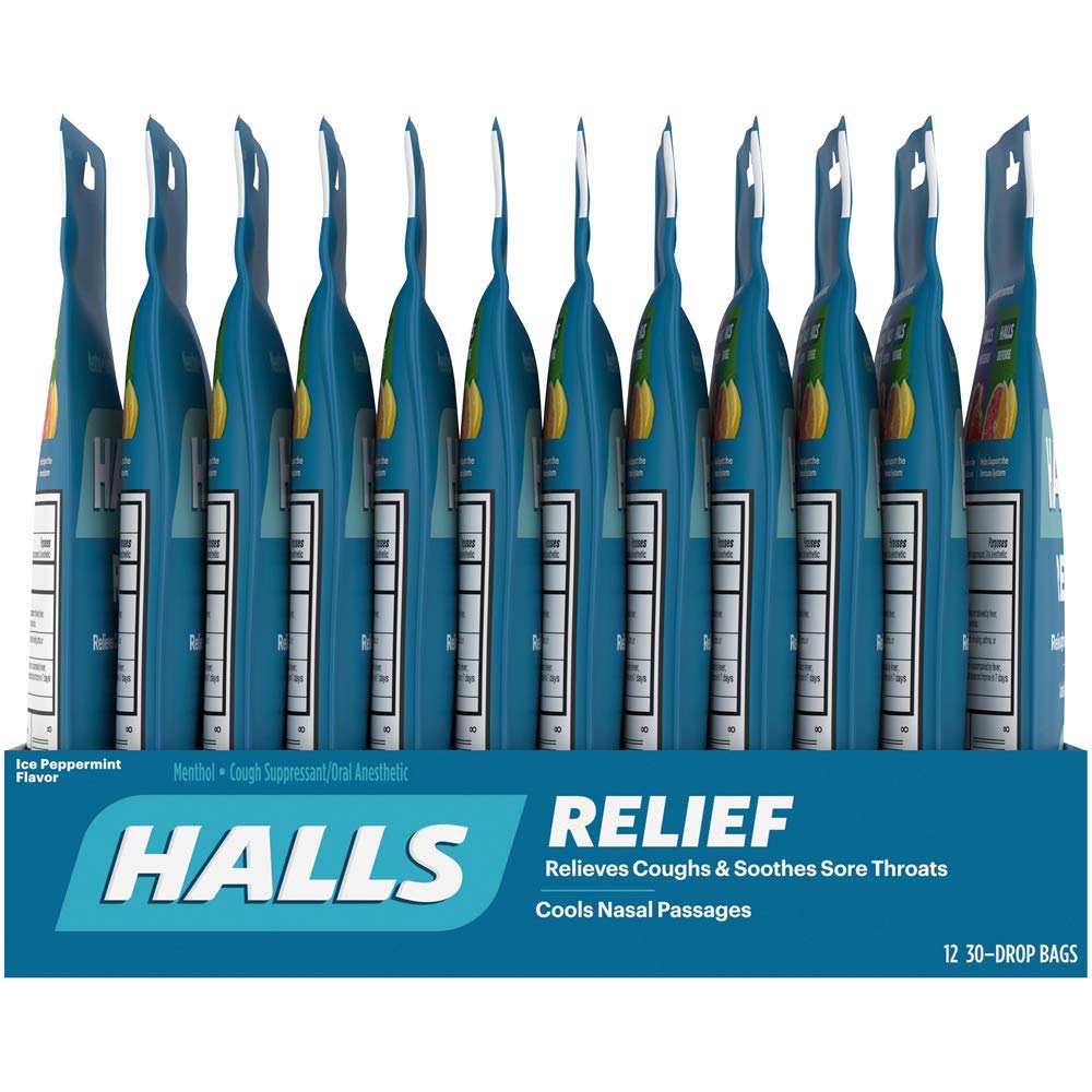 HALLS Relief Ice Peppermint Flavor Cough Drops, 12 Bags (360 Total Drops) : Cough Drops : Grocery & Gourmet Food