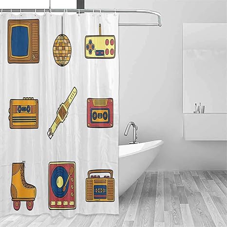 Amazon Homrkey プリントシャワーカーテン 90年代 デコレーション 漫画イラスト オールドファッション技術 ライフスタイル テーマ ノスタルジック アートワーク デコレーション バスルーム マスタード ネイビー W48 Xl72 シャワーカーテン ホーム キッチン