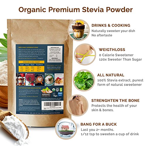 Easy Use Organic Stevia Powder 200g (7.05oz / 1600 Servings) All Natural Alternative Sweetener 12 x Sweeter than Processed Sugar USDA Certified No Artificial additives & fillers