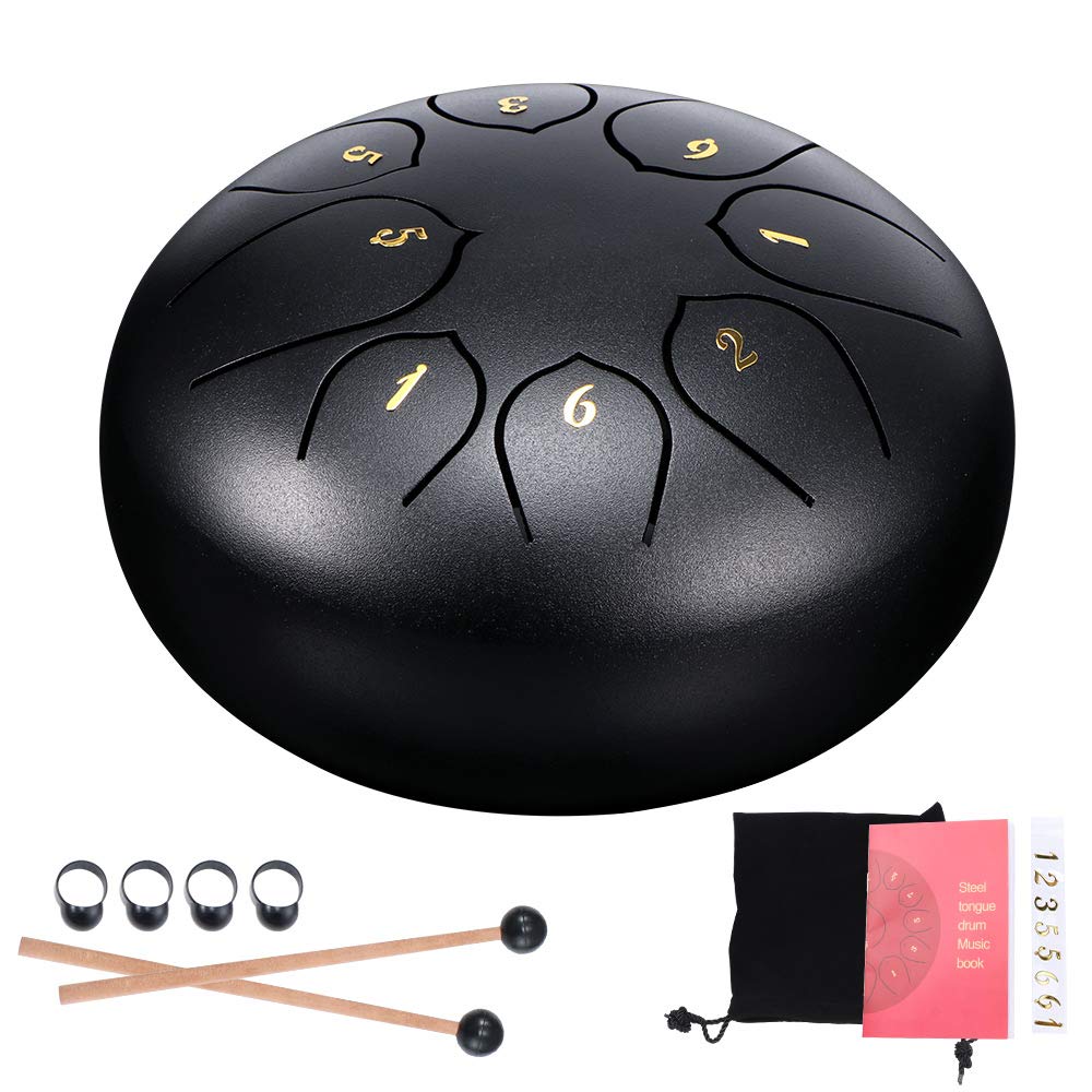 Vangonee Steel Tongue Drum 8 Notes 6 Inches Chakra Tank Drum Handpan Drum Notes Percussion Instrument Steel Drums Instruments with with Bag, Music Book, Mallets, Finger Picks (6 inch Black)