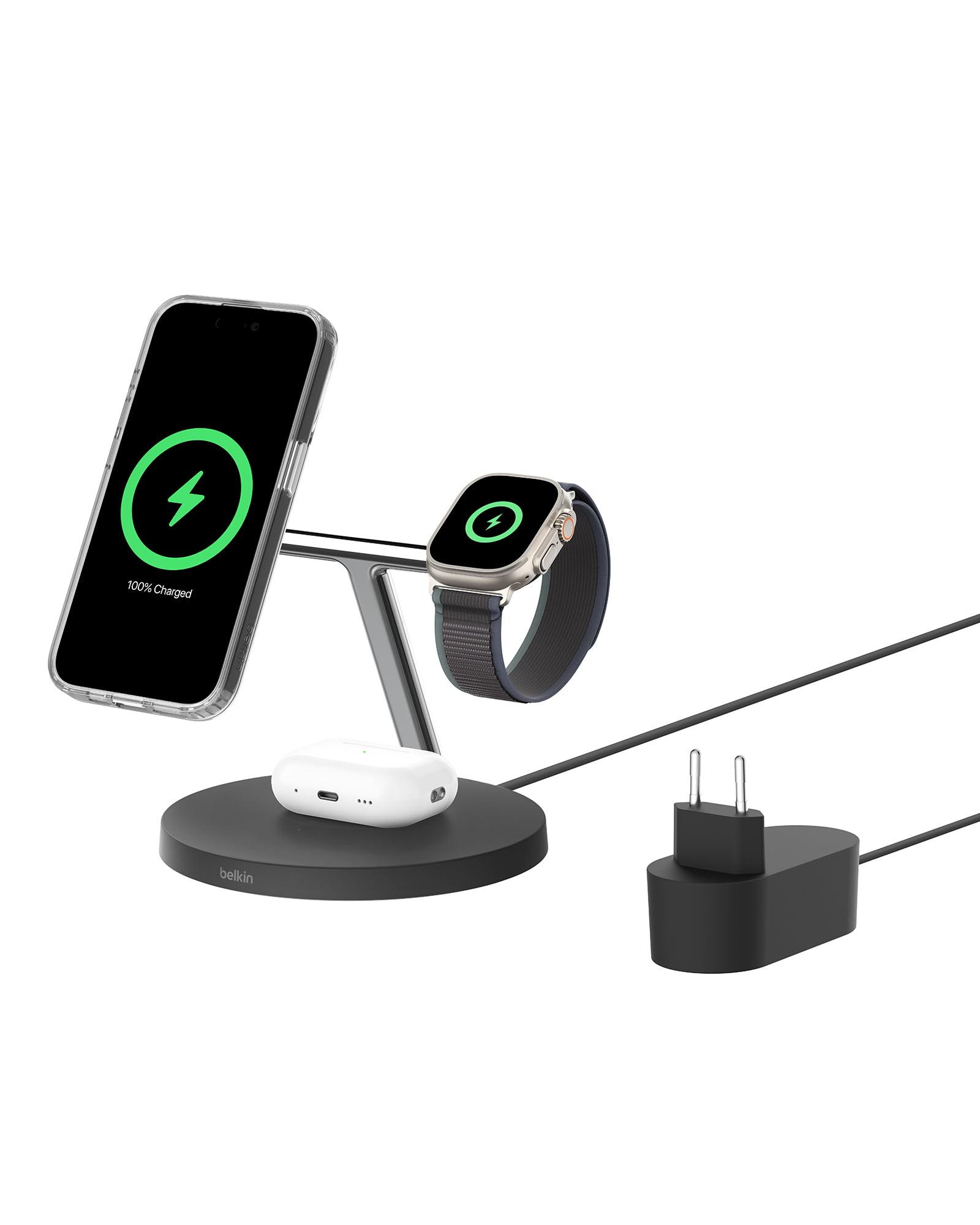 Belkin BoostCharge Pro 3-in-1 Qi2 Kabelloses Ladegerät, MagSafe-Kompatibles Ladegerät, Induktive Ladestation für die Apple iPhone 17, Air, 16, Pixelsnap, Apple Watch, AirPods, inkl. Netzteil – Schwarz