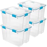 Sterilite Gasket Storage Box with Lids for Home &amp; Office, 80 Quart, 4-Pack | Heavy-Duty, Stackable, and Organizing Containers for Bathroom, Cabinet, Closet, and Garage, Clear and Blue Aquarium Latches