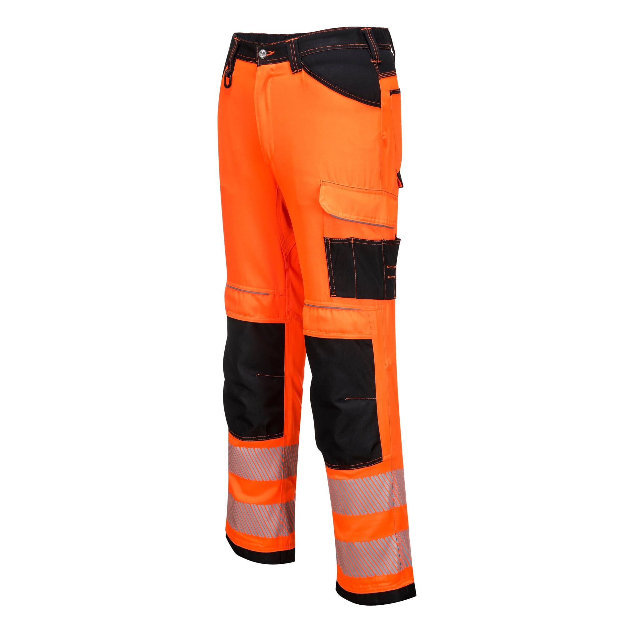 Portwest PW340 PW3 Men's Hi-Vis Cargo Work Trousers with Knee Pads and Pockets - Reflective High Viz Outdoor Safety Workwear, Orange/Black, 36