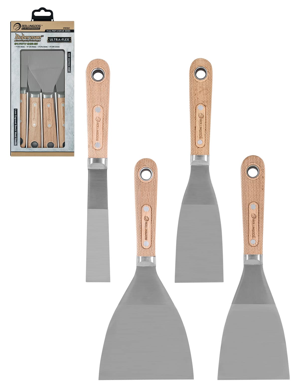 ROLLINGDOG 4PC Filling Knife - Stainless Steel Wallpaper Scrapers with Laser Engraved Wood Handle for Scarping,Drywall Repairs and Spreading(1",2",3",4")