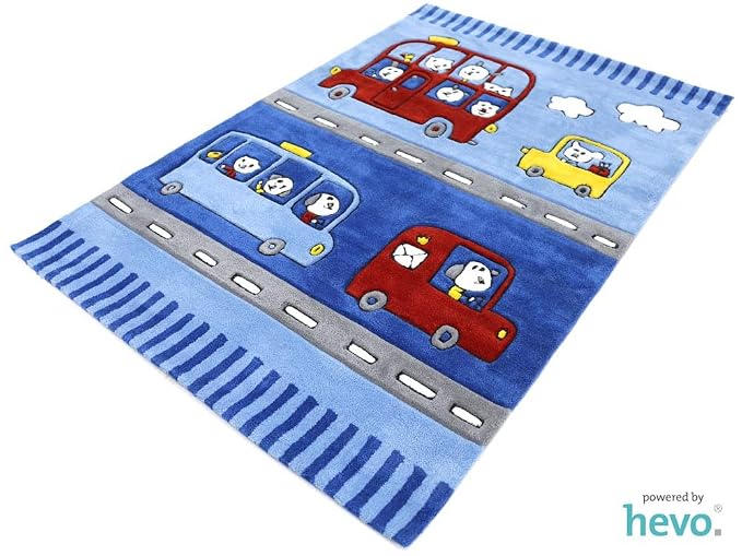 Funny Bus Blau Hevo Handtuft Teppich Spielteppich 160x230 Cm Oko