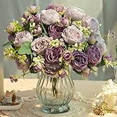 JARELING Artificial Peonies Silk Flowers in Glass Vase Faux Flowers Bouquets Modern Penoy Arrangement 4 Pack for Home Decoration Table Centerpiece (Purple)