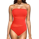 Holipick Women Strapless One Piece Swimsuit Tummy Control Bandeau Bathing Suit Mesh Cutout Swimwear