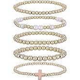 Kvekstio Gold Beaded Bracelet Set for Women – 5 Pack Layered Stackable Stretch Bracelets with Mixed Bead Sizes, Pearl-Style & Cross Charm, Minimalist Beads Jewelry Gifts for Everyday Wear & Holiday