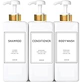 DIDROOM Modern Gold Shampoo and Conditioner Dispenser (21 oz,Pack of 3) Refillable Pump Bottle Set Empty Shower Plastic Bottles with for Bathroom Body Wash Soap Shower,3 Types Labels,Gold&white
