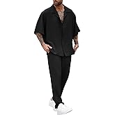 LecGee Men Summer Casual Short Sleeve Pant Sets Solid Button Down Shirt Elastic Pants 2 Piece Outfits Beach Tracksuit