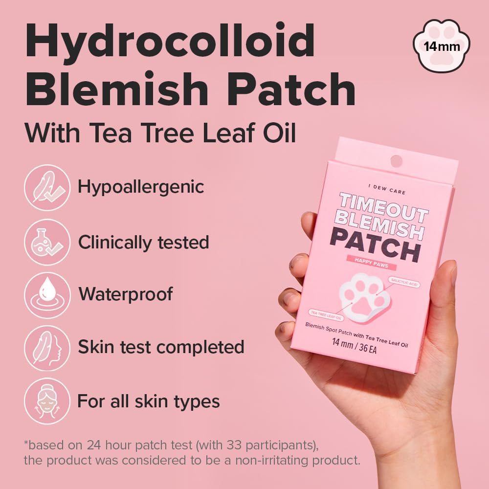 I DEW CARE Hydrocolloid Acne Pimple Patch - Timeout Blemish Happy Paws | Cute Patches, Facial Stickers, Absorbing with Tea Tree Leaf Oil, Trouble Treatment for Face, 36 Count