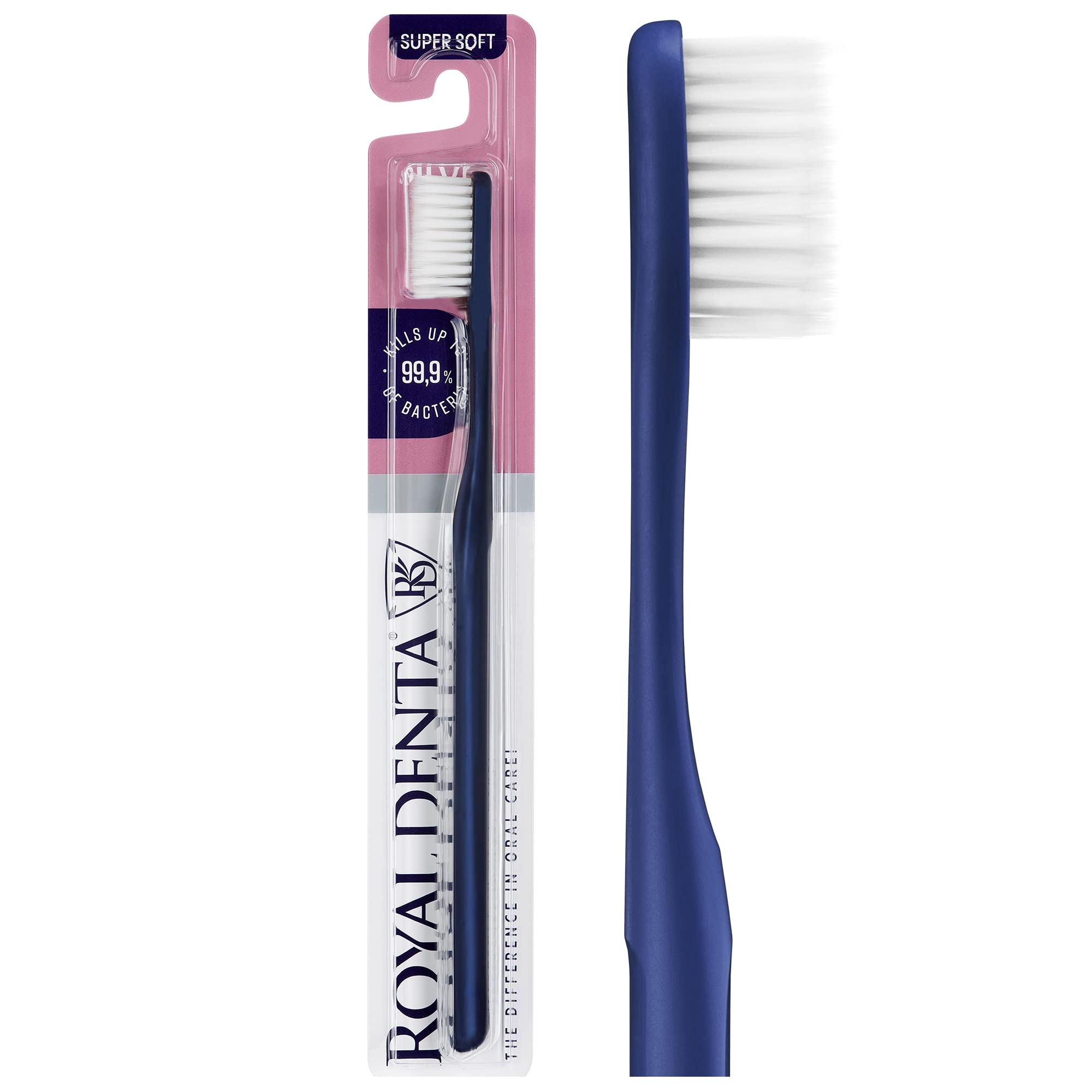 Royal Denta Super Soft Toothbrush for Adults, Extra Soft Bristle Manual Toothbrush with Dual Length Silver Infused Bristles for Sensitive Teeth & Gums, Gentle Plaque Removal, Made in Korea (Blue)