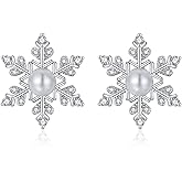ZRU 925 Sterling Silver Pearl Snowflake Stud Earrings for Women Christmas, Silver Pearl Snowflake Winter Studs Xmas Sparkly White CZ Pearl Jewelry Christmas Earrings Gifts for Her Mum Daughter