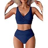 Fanuerg Women High Waisted Bikini Sets V Neck Cross Twist Front Two Piece Swimsuit Tummy Control Bathing Suit Grey Blue XL