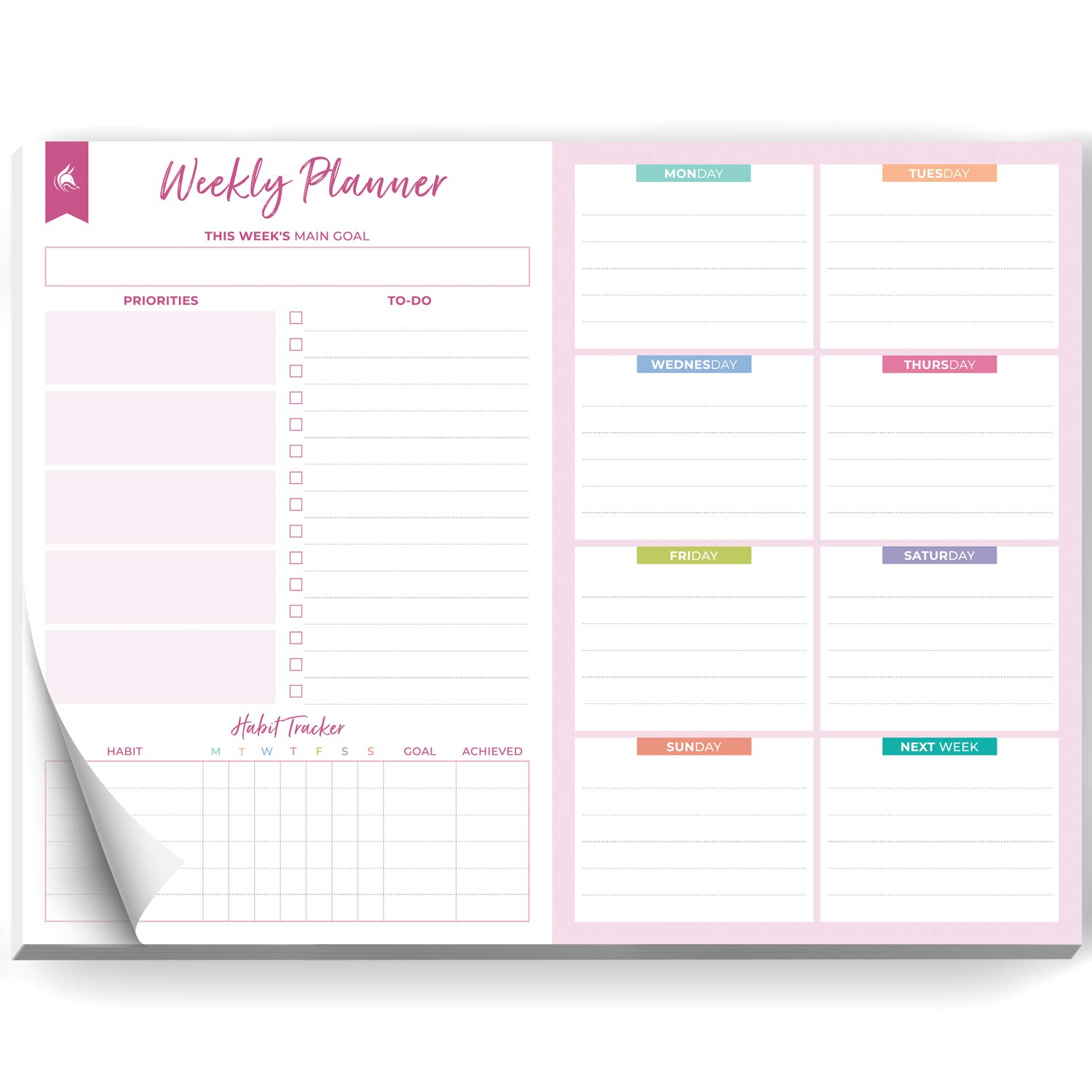Clever Fox Weekly Desk Planner – Desktop Notepad, To Do List & Planning Pad for Productivity, 50 Tear Off Weekly Journal Sheets, A4 (Pink)