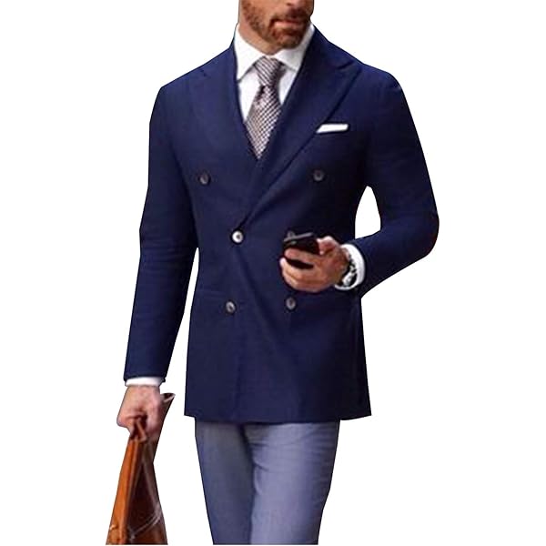 QZI Men's Blazer Slim Fit Double Breasted Jackets Coats Navy Blue