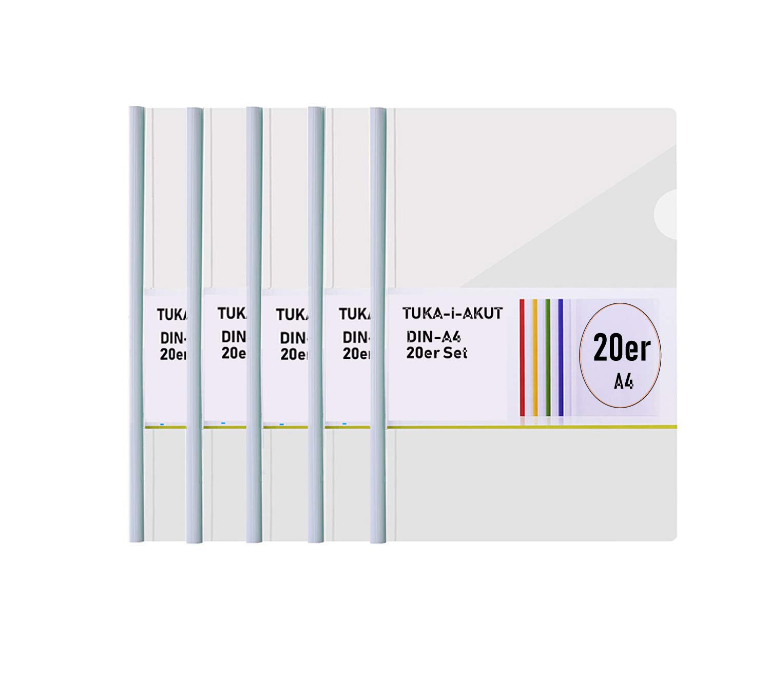 TUKA-i-AKUT 20pcs Clip Bar Files from PP Material, A4 Clear Report Cover Easy Clamping of Unpunched Documents, Clear Project Presentation Slide Binder Folders, 20er Set in White, TKD8040-20x