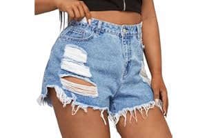 MapleHub Plus Size Denim Shorts Women High Waisted Ripped Folded Hem Jean Shorts