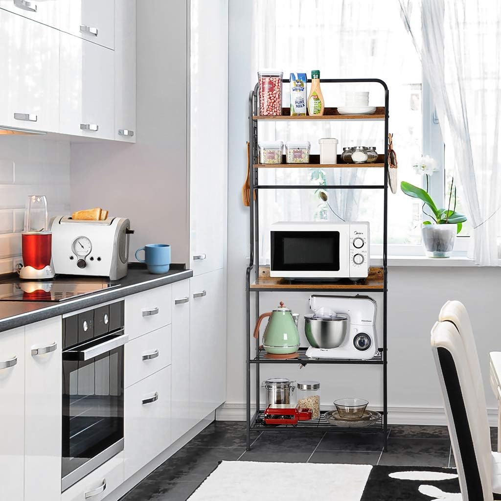 LANGRIA 5-Tier Baker’s Rack Industrial Microwave Oven Stand with Mesh Panels, 5 Shelves, 4 S-Hooks, for Spice Rack Organizer Workstation, Kitchen Utility Cart Storage Shelf Organizer, Rustic Brown - Standing Baker's Racks