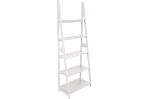 Amazon Basics Ladder Bookshelf Organizer, 5-Tier, Solid Rubberwood Frame, White Finish, 14D x 24.8W x 70.1H in