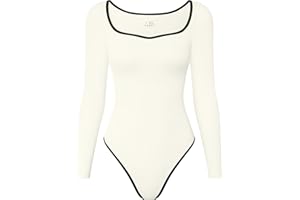 OQQ Women Bodysuit Contrast-Trim Square Neck Long Sleeve Stretch Bodysuit Tops