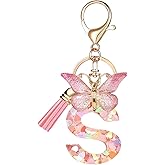 PGYMLSH Pink Initial Letter Keychains for Women Girls Butterfly Tassel Cute Keychains Handbag Car Key Accessories Gift, Pink 