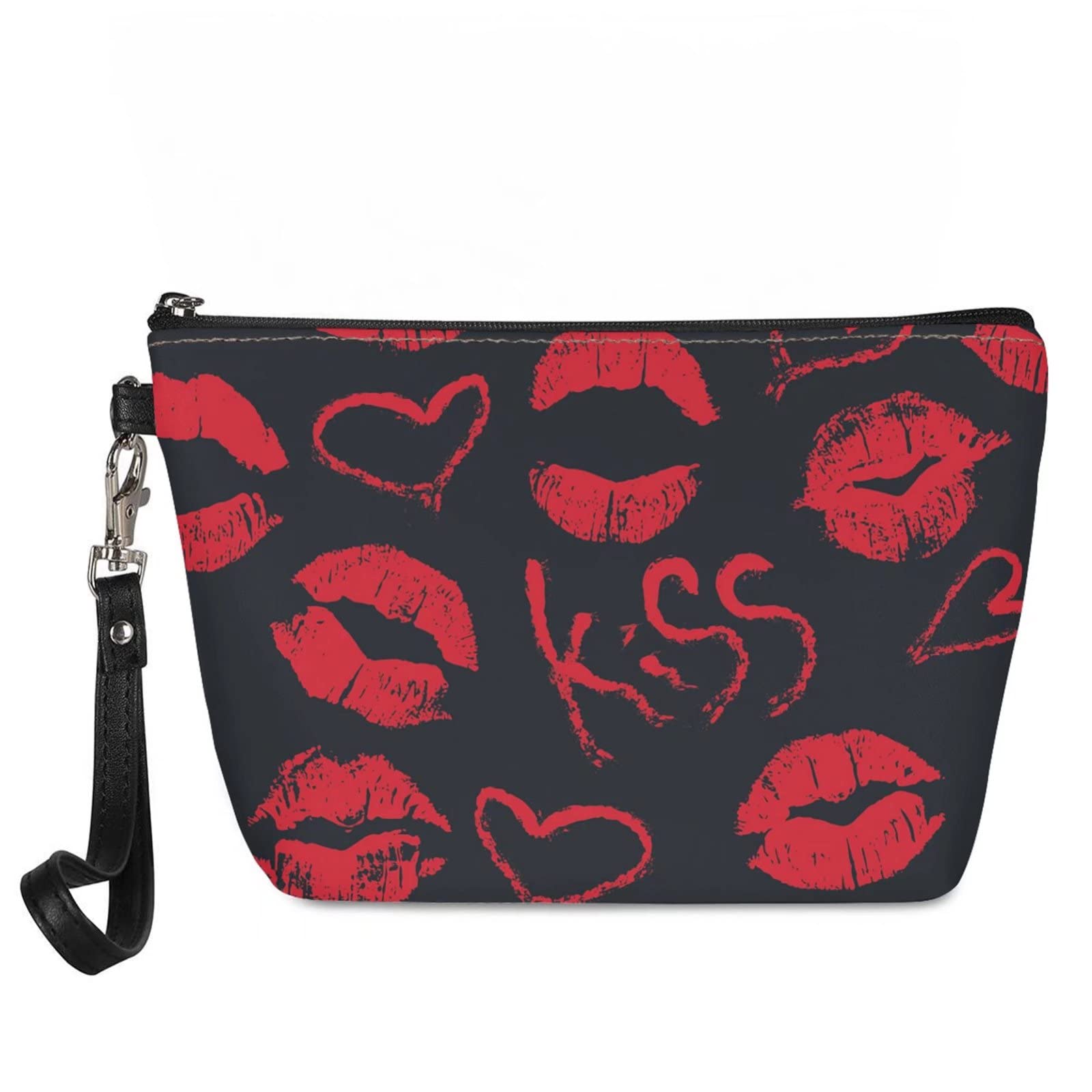 Pizding Women Lady Travel Outdoor Cosmetic Bag Print Red Lips Kiss Makeup Bag Purse Toiletry Bag PU Leather, L