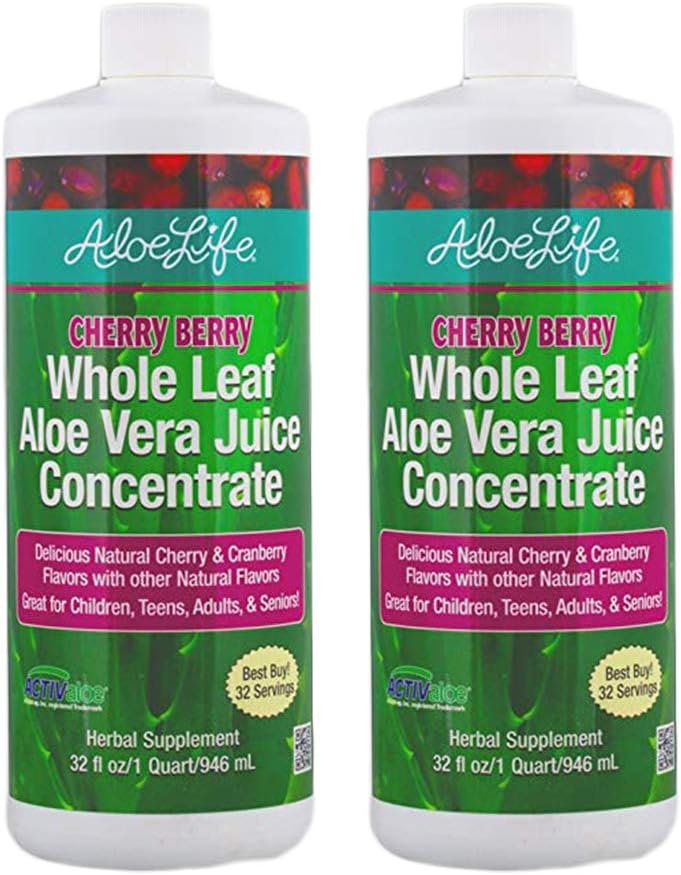 Aloe Life - Whole Leaf Aloe Vera Juice Concentrate, Certified Activator, Organic, Supports Healthy Digestion, Immune System and Overall Wellness (Cherry Berry, 32 Ounces) | 2-Pack