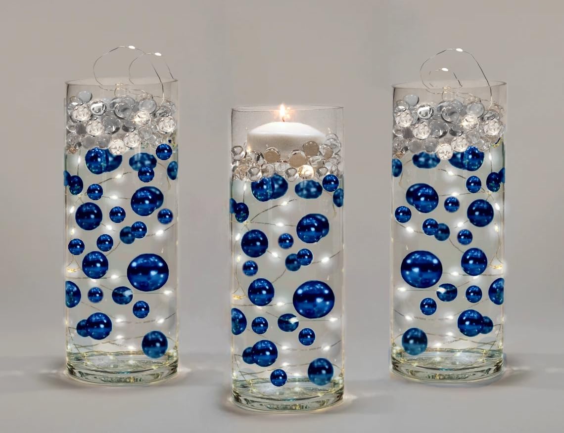 Vase Fillers - Floating Royal Blue (Navy) Pearls - Fills 1 GL for Your Vases - Shiny Jumbo Sizes - with Transparent Water Gels Kit for Best Floating Results - Vase Decorations