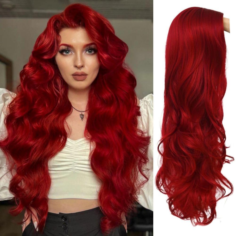 Salaibs Red Long Curly Women Wig Side Part Wavy Wave Natural Synthetic Heat Resistant Halloween Cosplay Hair Wig โ image 1