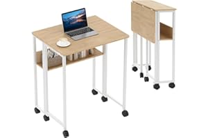 IDEALHOUSE Folding Desk with Wheels and Storage Shelf, Mobile Foldable Computer Table, Folding Rolling Laptop Table for Small