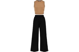 BTFBM Women Summer 2 Piece Outfits 2025 Beach Crew Neck Sleeveless Cropped Top Elastic Waist Wide Leg Pants Lounge Set