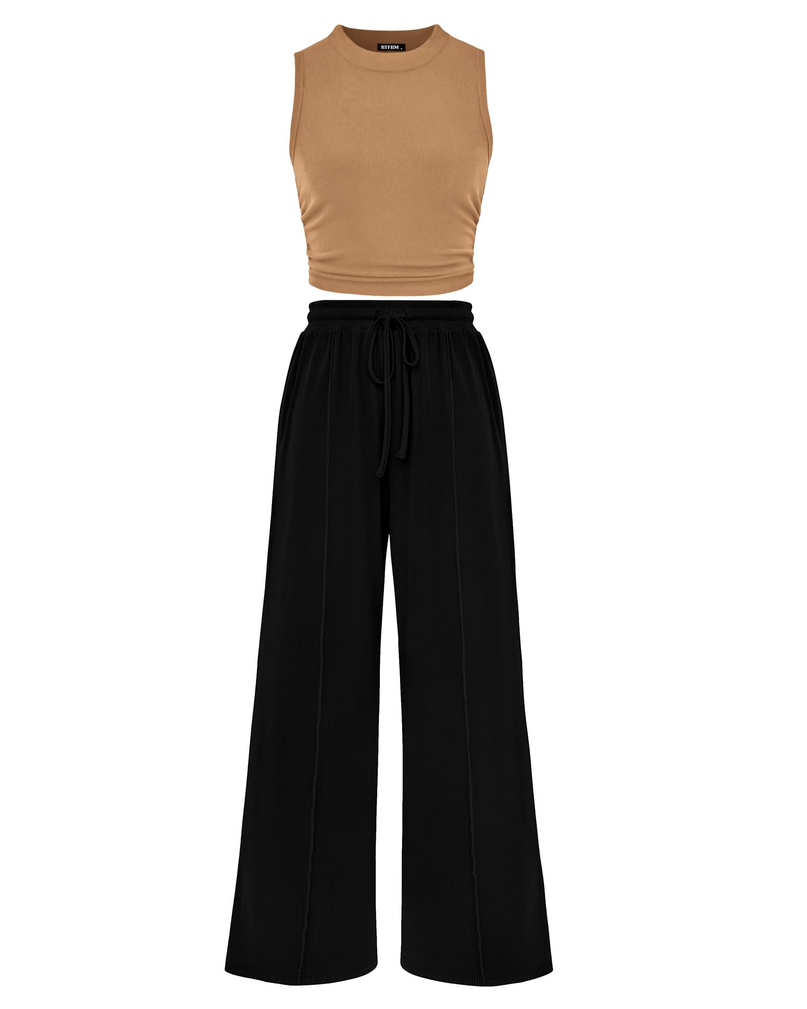 Photo 1 of ****without the top***BTFBM Women Summer 2 Piece Outfits 2025 Beach Crew Neck Sleeveless Cropped Top Elastic Waist Wide Leg Pants Lounge Set(Camel Black, Large)