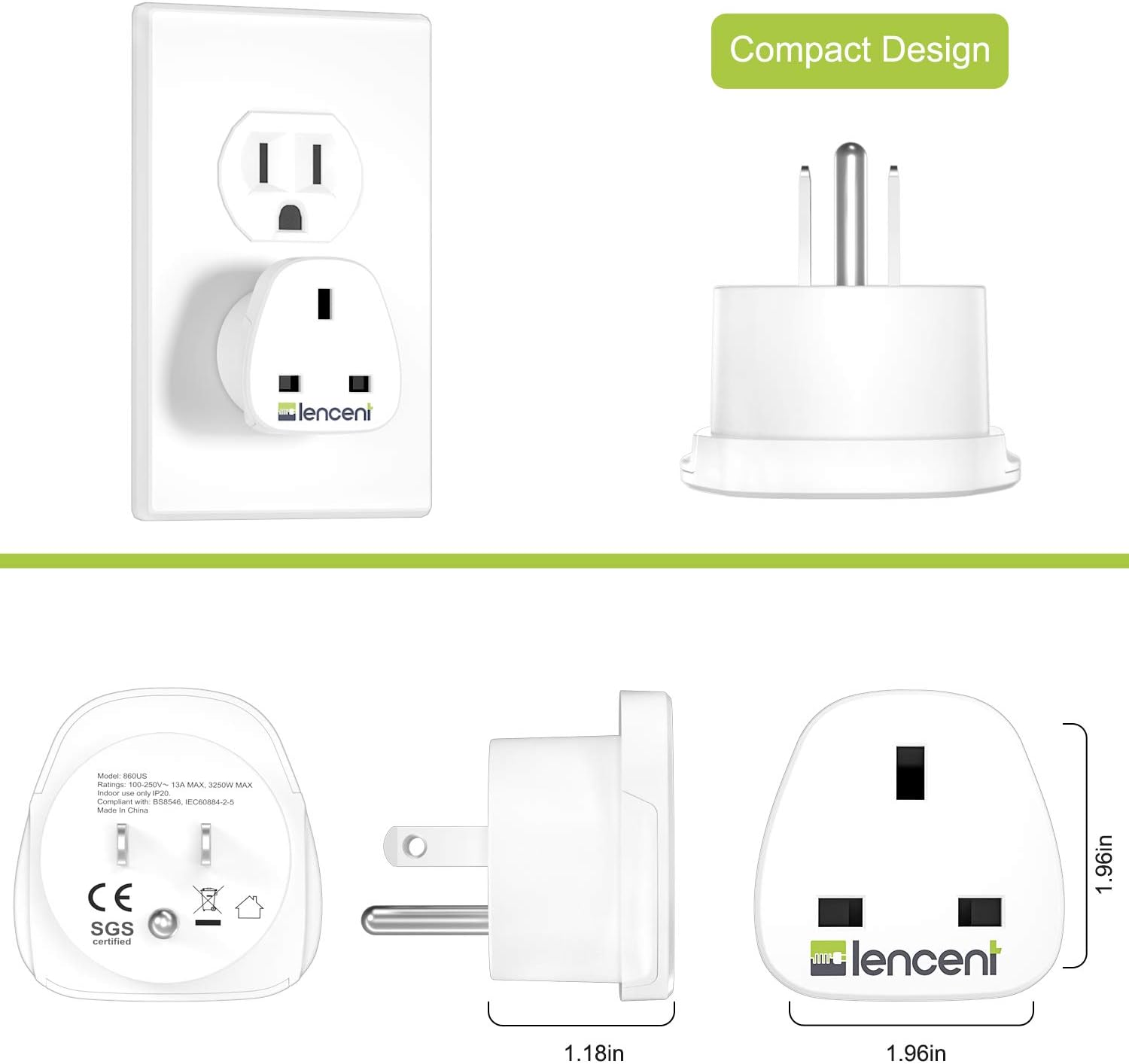 UK to US America Plug Adapter, LENCENT 2 Pack Grounded USA Visitors Travel Converter, Converts All Type G Plugs from United Kingdom UK Singapore Malaysia UAE Ireland Malta Hongkong and etc. (Type B): Home Audio & Theater