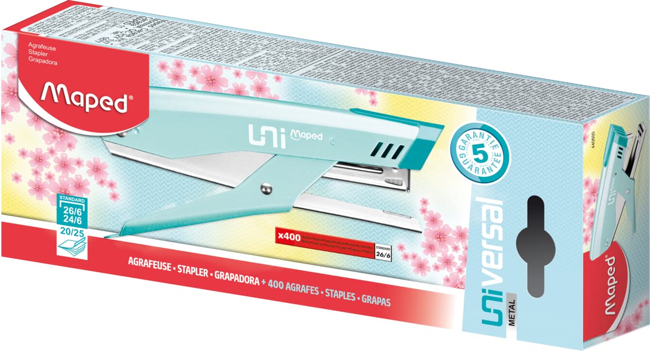 Maped - Universal Metal Stapler Pliers - Compatible with Staples No. 24/6 and 26/6 - Capacity 20 to 25 Sheets - with 400 26/6 Staples Included - Pastel Blue