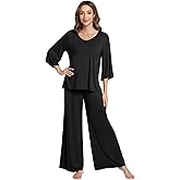 NACHILA Women's Pajamas Set 3/4 Sleeves Pjs V Neck Sleepwear Soft Loungewear with Wide Leg Pants, Viscose Made from Bamboo