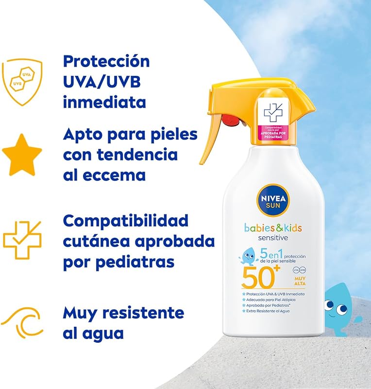 Nivea sun babies & kids sensitive spray fp50+ (1 x 270 ml), protetor solar à prova d'água para peles sensíveis, creme para bebês e crianças