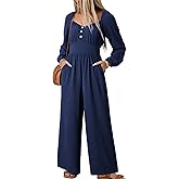 Dokotoo Jumpsuits for Women 2026 Spring Long Sleeves Square Neck Button Decoration Rompers Overalls with Pockets