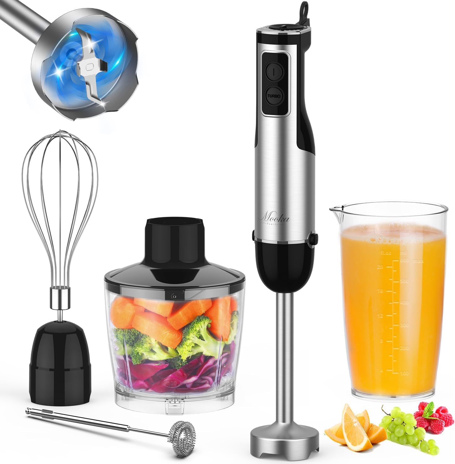 Photo 1 of Immersion Blender Handheld, 1100W 5-in-1 Multi-Purpose Hand Blender, 12-Speed Stick Blender, 600ml Beaker, 500ml Chopper, Egg Whisk, Milk Frother, Black
