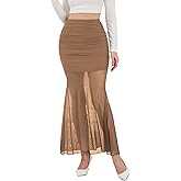 NASHALYLY Women's Mesh High Waisted Bodycon Mermaid Maxi Skirts Ruched Fishtail Long Skirt