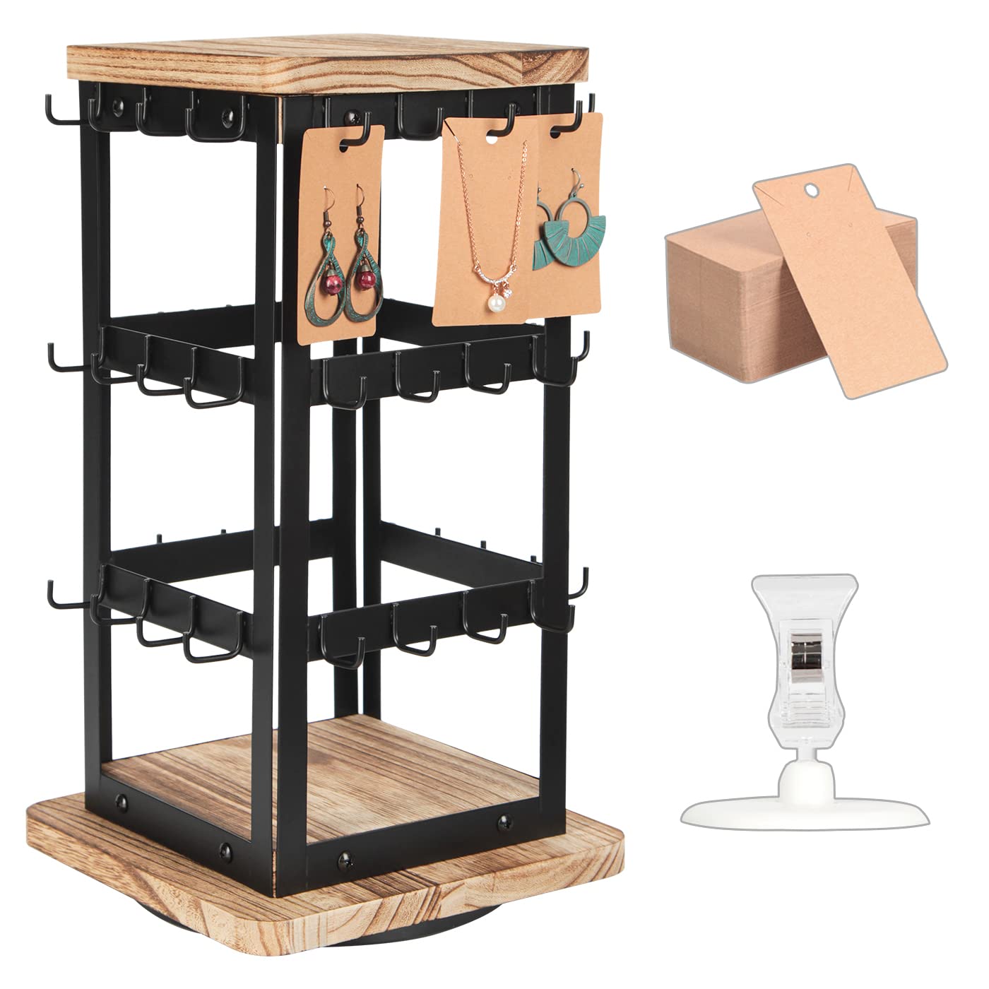 J JACKCUBE DESIGN 3 Tier 360 Rotating Black Metal Earring Holder Organizer, Jewelry Display Rack, Vintage Farmhouse Style Stand for Necklaces, Piercings with 48 Hooks and Wood Tray Shelf -MK1073A