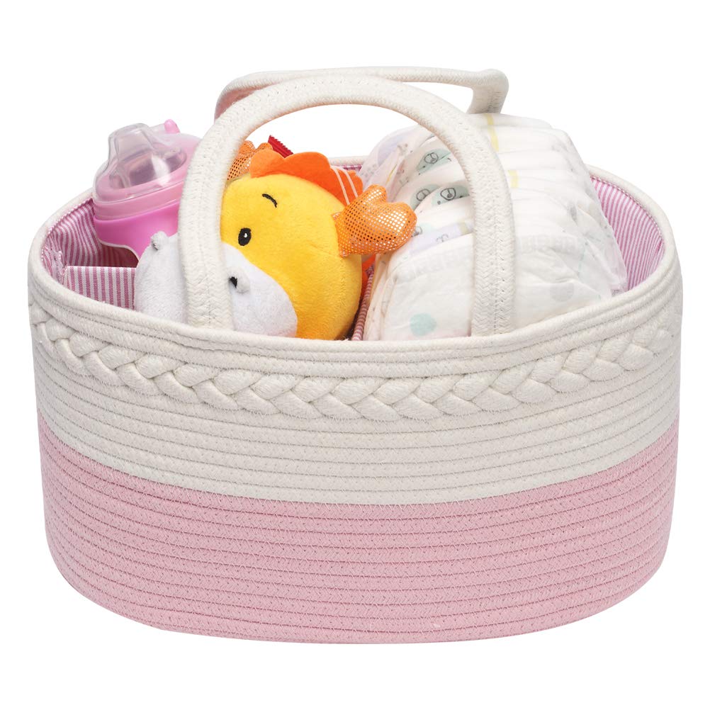 Nappy Caddy,Multifunctional Diaper Caddy,Portable Baby Changing Caddy,Removable Compartment Woven Basket with Long Handles,Newborn Shower Gift GrayPink