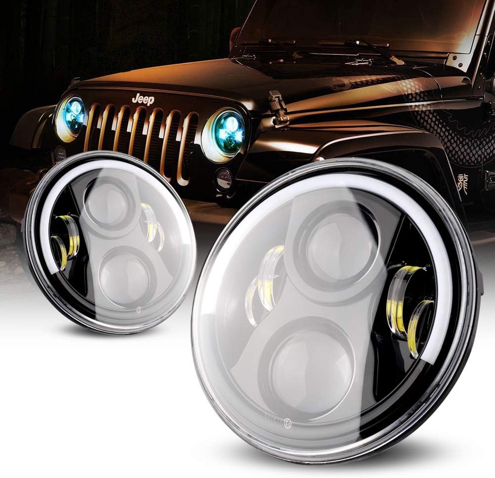 LYCAON Jeep Wrangler Headlights 7" Round LED Headlight for Jeep Wrangler JK TJ LJ CJ, Waterproof IP 67, CREE LED Chip, 70W 6300 LM Hi/Lo Beam with Halo Ring Angel Eyes DRL (Black)