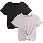 JINKESI Women's 2 Pack T-Shirts Summer Crop Tops Causal Crew Neck Short Sleeve Twist Front Tee T-Shirt