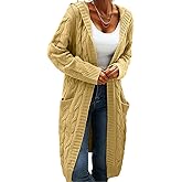 Women Hooded Open Front Cardigan Cable Knit Sweaters Solid Color Chunky Long Sweater Coats