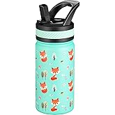 Fanhaw 14 Oz Kids Insulated Water Bottle with Straw - Stainless Steel Double Wall Vacuum Cup, Leakproof, BPA Free, Suitable for Boys and Girls(Green - Little Fox)