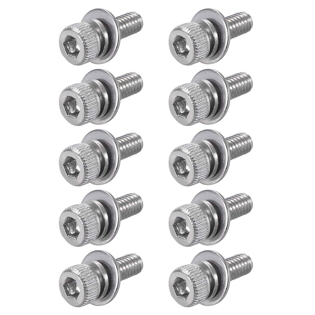 sourcing map M2.5 x 6mm Stainless Steel Hex Socket Head Cap Screws Bolts Combine with Spring Washer and Plain Washers 10pcs