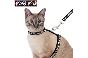 BARLEYGOO Cat Harness and Leash Set for Outdoor Walking Escape Proof Adjustable Soft Safety Strap with Golden Star and Moon Design Glow in The Dark Black Large